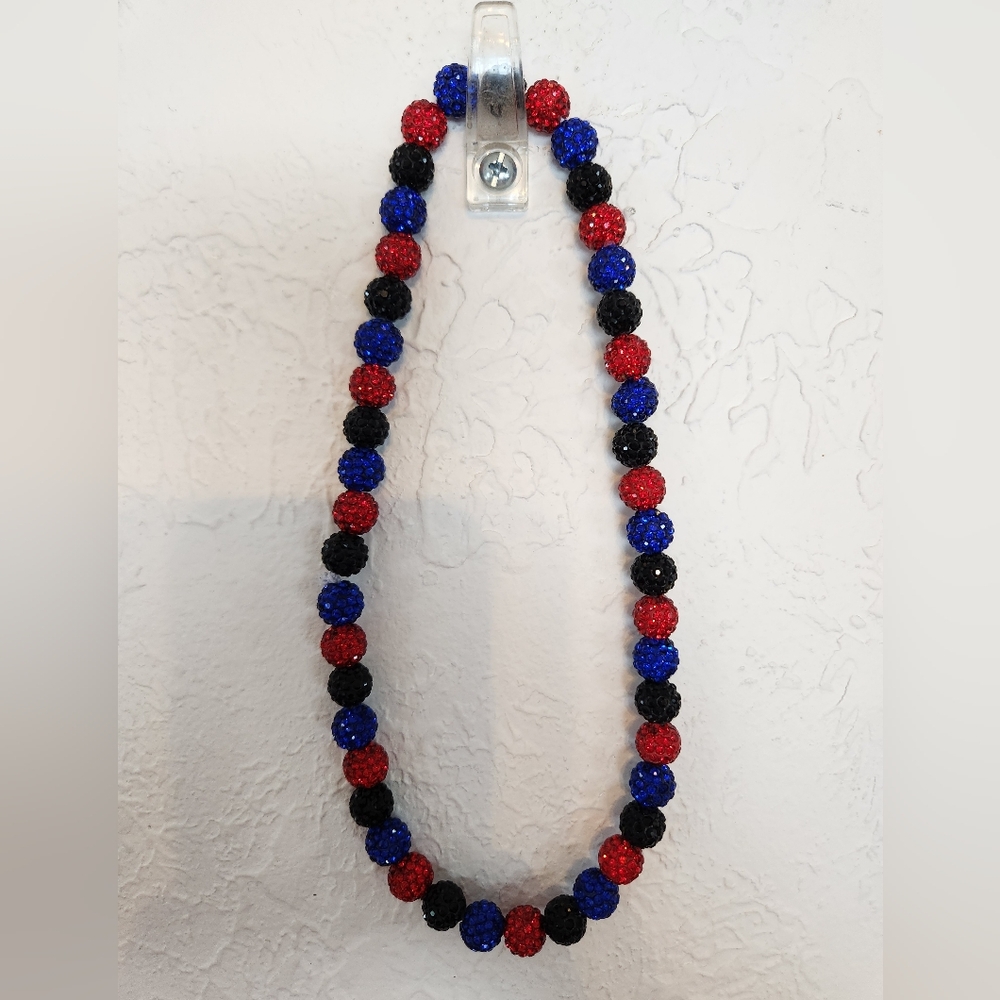 Baseball Sparkle Beaded Stretchy Necklace. Blue Red And Black.